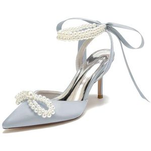 EICOFF Vrouwen Hoge Hakken Slingback Pumps Gesloten Teen Bruiloft Schoenen Satijn Parels Enkelriem Dames Bruids Partij Jurk Sandalen,Zilver,35 EU