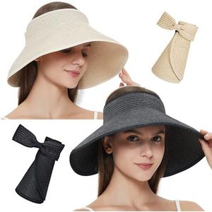 Maylisa oprolbare dames brede rand stro zonneklep hoed, opvouwbare zomer topless zonnehoeden voor dames verstelbare UV-klep met strik (2 Pack-Beige & Black, One size)