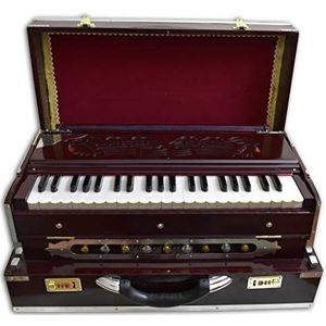 VRINDAVANBAZAAR.COM Deluxe draagbaar Harmonium, donker mahonie, 2 rieten, 3,5 octaven