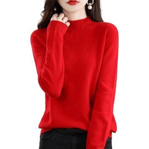 Kasjmier truien voor vrouwen, 100% kasjmier lange mouwen ronde hals zachte warme trui gebreide truien, Rood, XL