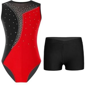 NUOYIXUAN Mouwloos balletshirt voor kinderen, gymnastiekbody + shorts, dansbal voor yoga, meisjes, schaats-overall, balletjurken (rood zwart, 14)