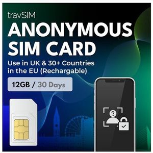 travSIM Anonieme simkaart | 12GB mobiele data met 4G/5G-snelheden | Gratis roaming in het Verenigd Koninkrijk & 30+ EU-landen | Plan op Anonieme simkaart is 30 dagen geldig | Oplaadbaar