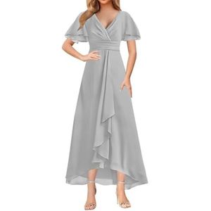 WSEYU Korte Mouw Moeder Van De Bruid Bruidegom Jurken Chiffon Kralen Formele Avond Grootmoeder Jurken Thee Lengte ZM203, Zilver, 32