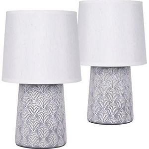 BRUBAKER Set van 2 tafel- of bedlampjes, 33 cm, grijs, keramische lampvoeten, bladornamenten, linnen lampenkappen, wit