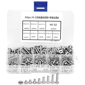 Nikou Grote cilindrische kopschroeven, 260 stks/set # 6-32 RVS kruiskopschroeven assortiment kit