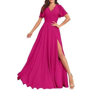 Chiffon bruidsmeisjesjurken voor dames, met split, lange baljurken, cocktailjurken, grote maten, roze (hot pink), 32