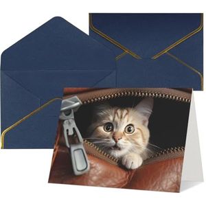 WLKSNBVD Wenskaart met enveloppen Kat gluurt uit leren zak met ritssluiting Thinking of You Card 4x6 Blank Notitiekaarten voor Verjaardag Baby Shower Gefeliciteerd Bruiloft Dank U Kaarten Alle