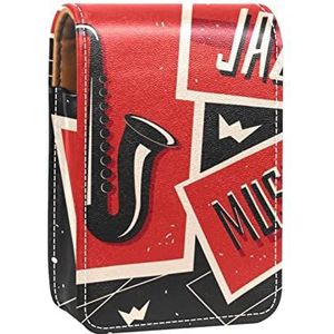 Muziek Sax Jazz Instrument Rood Grijs Lipgloss Houder Lippenstift Case Draagbare Mini Lipstick Opbergdoos Reizen Lipstick Organizer Case met Spiegel voor Vrouwen, Meerkleurig, 9.5x2x7 cm/3.7x0.8x2.7 in