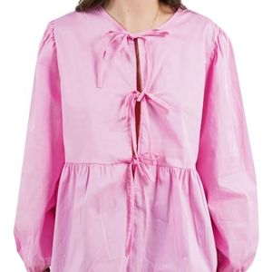 Vrouwen Tie Front Tops Puff Sleeve Babydoll Shirts Y2K Leuke Ruffle Peplum Uitgaan Top Blouse Trendy Kleding (Color : Pink A, Size : X-Large)