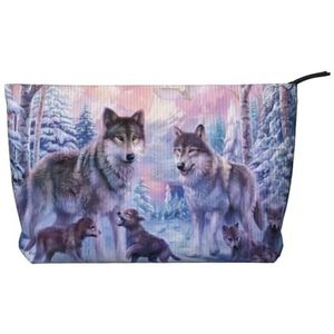 CRJSYCBYB Winter Wolf Familie Gedrukt Corduroy Make-up Tas Reizen Toilettas Draagbare Cosmetische Tas Clutch Bag, Zwart, Eén maat