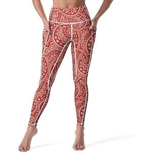 Rode Paisley Yogabroek voor dames, met zakken, hoge taille, legging voor work-out, gym