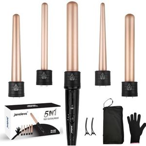 janelove 5-in-1 krultangset, keramische krultang (0,9 - 3,2 cm), krultang voor alle kapsels, met instelbare temperatuur dubbele spanning, onmiddellijke opwarming, met handschoen en 2 haarclips (goud)