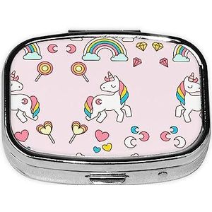 Roze Eenhoorn Gedrukt Vierkante Pillendoos Metalen Ijzer Plating Mini Pil Case Draagbare Reizen Pil Organizer met 3 Compartiment voor Pocket Purse