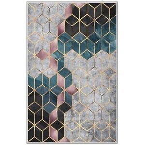 Hoogwaardig vloerkleed voor de gang, geometrisch design in goud, blauw en roze, antislip onderkant, machinewasbaar, perfect voor woonkamer, slaapkamer en gang, 100 x 150 cm