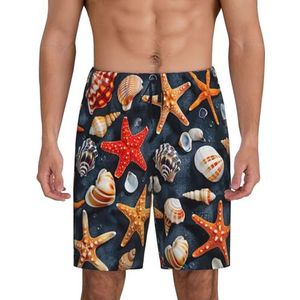 Heren zeester en zeeschelp patroon print lounge shorts pyjama bodems nachtkleding shorts kerst shorts losse sportbroek, Zwart, L
