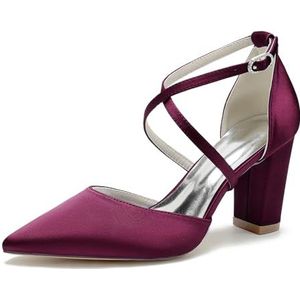 HFWXYSA Dames Chunky Block Heel Satijnen Bruidsschoenen Puntige Neus Kruisband Pumps Trouwjurk Avondschoenen met Parels,Burgundy,36 EU