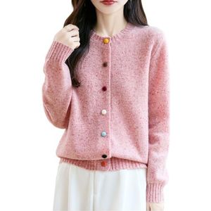 Dames Cardigan Warme Kasjmier Trui Met Knopen Elegante Effen Kleur Cardigans Winter Herfst Lange Mouw Ronde Hals Trui Slim Fit Gebreide Pullover(Pink,XL)