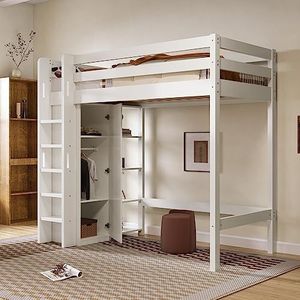 Idemon Kinderbed hoogslaper met kledingkast en 6 planken eenpersoonsbed ligoppervlak 90x200 cm -208x110x186(BxDxH) wit