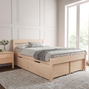 140x200 cm massief houten bed met hoofdeinde - Anu Scandi Style hoog bedframe met lattenbodem incl. 3 opbergladen - Natuurlijke kleur - Draagvermogen 350 kg
