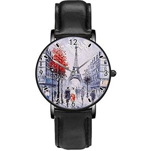 Stijlvolle Parijs Straat Eiffeltoren Schilderen Klassieke Patroon Horloges Persoonlijkheid Business Casual Horloges Mannen Vrouwen Quartz Analoge Horloges, Zwart