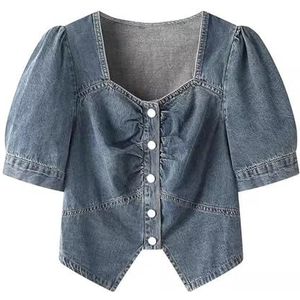 QOUERUUE Womens Zomer Denim Shirts Korte Mouw Button Down Vierkante Kraag Casual Jean Blouse Tops,Blauw,L