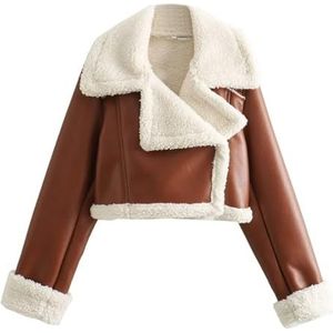 Warme Korte Winterjas for Dames, Gevoerd Met Imitatieleer en Kraag Met Omslag(Light brown,XS)