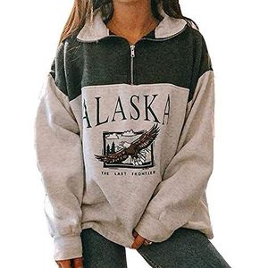 YUDIZWS Alaska sweatshirt voor dames, lange mouwen, adelaar-afbeelding, hip hop high gitelle, top met 1/4 ritssluiting, lange mouwen, vintage, groen, M