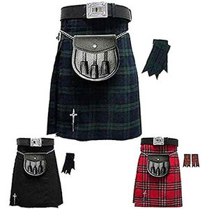 Tartancity Schotse Heren Kilt Traditionele Hoogland Jurk Kilt Pin/Rok/Riem Gesp/Sporran 5 Stks Kilts Set - zwart - Een maat