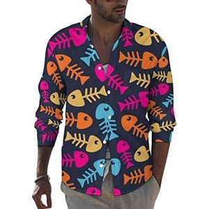 Kleurrijke Fish Bones heren revers lange mouw overhemd button down print blouse zomer zak T-shirts tops L