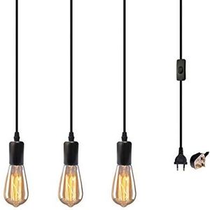 Hanglamp Plafondverlichting Fitting 3 Lichten Vintage Stijl Hanglamp KIT Rubberen Kabelstekker met Aan/Uit-schakelaar E27 Lamphouder Hangend Zwart