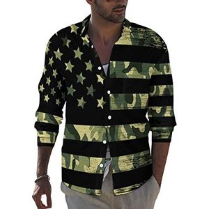 Amerikaanse vlag met camouflage heren revers lange mouw overhemd button down print blouse zomer zak T-shirts tops 2XL