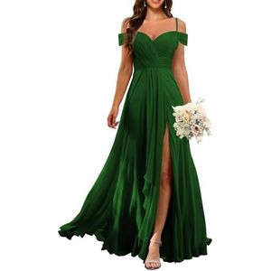 KURFACE Dames koude schouder chiffon bruidsmeisjes jurken met split geplooide formele avondjurk Maid of Honor, Emerald Groen, 32