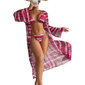 oenyaeu Badpakken voor dames, 3-delig, tropisch push-up bikini, strand, lange mouwen, badpakken met kimono-bedekking, roze, L