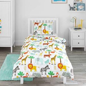 Bloomsbury Mill - Kinderbeddengoed 120 x 150 cm, safaridieren voor kinderen, babybeddengoed voor meisjes en jongens, dierentuindieren en jungle, omkeerbaar beddengoed en kussensloopset voor peuters en