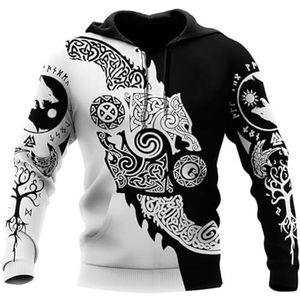 Odin Fenrir Tattoo Totem Hoodie, Noordse Mythologie 3D Raven Wolf Yggdrasil Print Casual Ronde Hals Losse Ritssluiting, Harajuku Stijlvolle Ademende T-shirts Zomer(Hoodie,M)