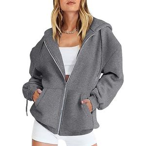 Y2K-hoodies met rits for dames, sweatshirts, casual lange mouwen, tienermeisjes, casual herfstjacks met trekkoord en zakken (Color : Dark gray, Size : L)