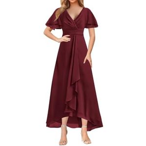 WSEYU Korte Mouw Moeder Van De Bruid Bruidegom Jurken Chiffon Kralen Formele Avond Grootmoeder Jurken Thee Lengte ZM203, Bordeaux, 32