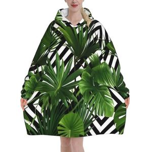 Groene bladeren van palmboom tropische plant - damesdeken hoodie - super zachte, oversized draagbare hoodies voor volwassenen, warm flanellen sweatshirt met capuchon en grote kangoeroezak, 3 D