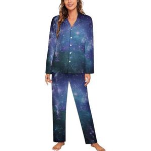 Blauw Paars Galaxy Vrouwen Lange Mouw Button Down Nachtkleding Zachte Nachtkleding Lounge Pyjama Set S
