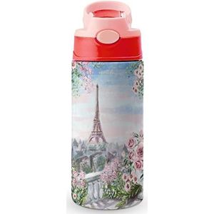 Summer in Paris Schilderij 12 oz waterfles met rietje koffie beker water beker roestvrij staal reizen mok voor vrouwen mannen roze stijl