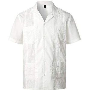 U/A Mannen Kruis Geverfd Guayabera Geweven Button-Down Shirt Merk Korte Mouw Cubaanse Shirt met Revere Kraag, Kleur: wit, XXL