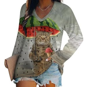 Leuke Kat Holding Watermeloen Paraplu Ijs Vrouwen Casual Lange Mouw T-shirts V-hals Gedrukt Grafische Blouses Tee Tops S