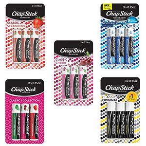 ChapStick Classic Collection Flavored Lip Balm Tubes Pack, Lip Moisturizer - 0.15 Oz (Box of 5 Packs of 3)