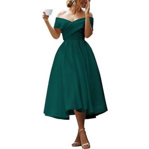 KURFACE Satijnen baljurk voor dames met zakken, A-lijn baljurk off-shoulder theelengte, formele feestjurk, Turkoois, 50 grote maten