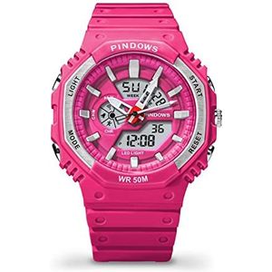 Womens Watch, 5 ATM waterdichte Dual Display Analogy Digital Watch, LED -achtergrondverlichting Multifuncion Ladies Polshorloges, met alarm, datum, stopwatch,Rose red