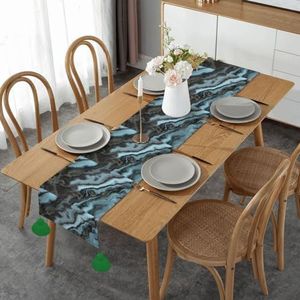 Tafelloper, imitatie linnen tafelloper met kwastjes tafeldecoratie voor thuisfeest, donker groenblauw graniet