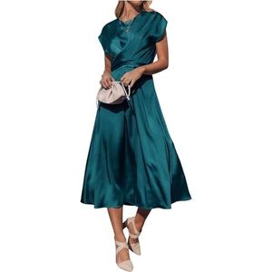 Midi-jurk met Ronde Hals, Satijnen Ruches, Elastische Hoge Taille Bruiloftsfeestjurken(Color:Lake blue,Size:S)