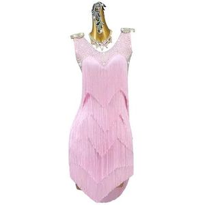 Yhwacyznm Mouwloze Latin Performance Outfit Salsa Cha Cha danskleding Tango Dansjurken met gelaagde franjes voor dames Elastisch en ademend Strass Ballroom Kleding,Roze,L