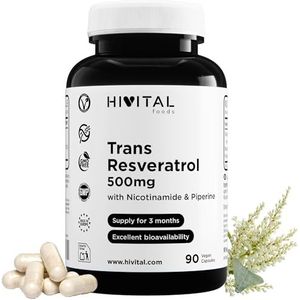 Trans-Resveratrol 500 mg. 90 veganistische capsules voor 3 maanden behandeling. Met Nicotinamide en Piperine. Natuurlijk Extract van Fallopia Japonica 98% Zuivere Natuurlijke Resveratrol. Van HIVITAL