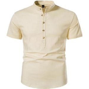 Heren Zomerlinnen Katoenen Overhemd, Casual Strandoverhemden Met Korte Mouwen En Knopen(Khaki,L)